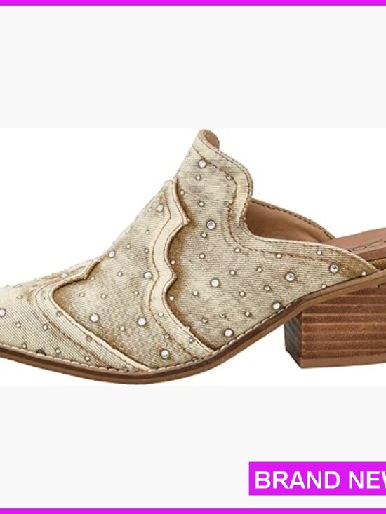 Shoes - Chic Western Mules with Rhinestone Upper Pointed Toe Block Heel Comfort